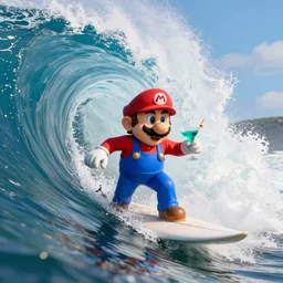 head on medium view of mario surfing and drinking a martini, surfing inside the tube of a very large wave that's about to collapse. highly detailed, professional high quality 4 k, action shot, dramatic lighting, unreal, cinematic, photorealistic, 3 d render