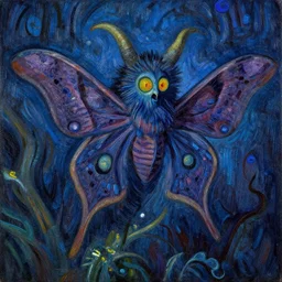 the mothman painted by van gosh, colorful, at night