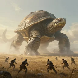 a tribe fighting a giant steampunk turtle monster on the empty plains at dawn, ethereal fantasy art by greg rutkowski