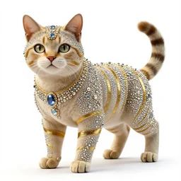 A very attractive bipedal muscle cat wearing expensive stones embellished with gold stripes, ultra-realistic, white background, 8k HDR sunset lit, intricate detail