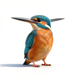 kingfisher, stylized pixar-style 3d render, full body, isolated on a pure white background, centered, entire subject in frame, sharp focus, soft studio lighting