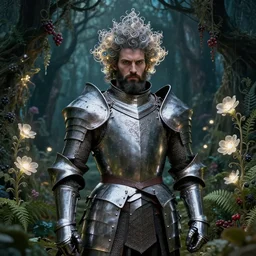 a male knight with beard, stern face, clear eyes, shining armour made of steel, and fractal flowery hair in a fractal garden, glowing delicate flower, berries and ferns that grow in a dark flowering fantasy forest, full frame,