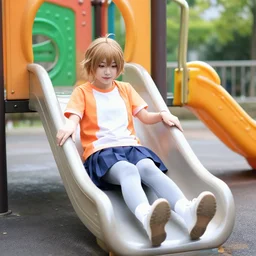 photo of a cosplayer sliding on a slide in a playground
