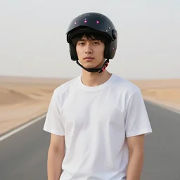 portrait photo of young man posing with a black modular helmet with pink led lights, standing on a desert road next to motorcycle, silhouette of mountains in background, sunset, golden hour, cinematic, smooth volumetric light, octane, highly detailed masterpiece by morten krogvold