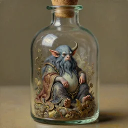a tiny realistic proportioned storm genie, sitting down inside a glass bottle. beautiful, ornate detailed painting by artgerm and magali villanueve and michael whelan