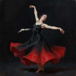 black and red painting of woman in dress dancing, artstation trending, high detail, soft light, black background