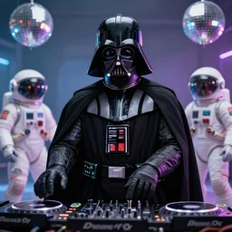 the most amazing dream of darth vader science fiction dj disco astronauts at a rave, syd mead, dan mumford, moebius, hd, vibrant color, high contrast, digital illustration, marvel comicbook cover