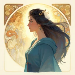 side profile centered painted portrait, Adrianne Ho as a wind sorcerer, D&D, cell-shaded, matte painting concept art, bright backlit, official fanart, 4k, Pinterest, by Jesper Ejsing and RHADS and  Alphonse Mucha - H 704