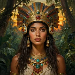 face portrait of a beautiful alluring female aztec queen in a dense jungle at sunset, detailed, centered, digital painting, artstation, concept art, donato giancola, Dante Gabriel Rossetti, alphonse mucha, Joseph Farquharson, Joseph Christian Leyendecker, WLOP, Boris Vallejo, Breathtaking, 8k resolution, extremely detailed, beautiful, establishing shot, artistic, hyperrealistic, beautiful face, octane render