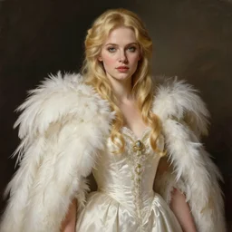 portrait painting of a beautiful blonde woman with a kind face wearing a feathered cloak and a fancy silk white dress anime, ultra realistic, concept art, intricate details, highly detailed, photorealistic, octane render, 8 k, unreal engine art by artgerm greg rutkowski charlie bowater magali villeneuve alphonse mucha
