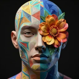 a future man face as colorful geometric patterns, half face with flower, intricate, volumetric dramatic light, dark black background, sharp focus, highly realistic, octane render