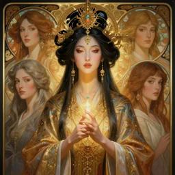 symmetrical portrait painting, asian shamanic priestess, higher self, fantasy art, beautiful face, gorgeous, magic, cinematic lighting, hyper realistic, sharp focus, dof, by thomas kinkade, lise deharme, hans zatzka, george stubbs, louis wain, alphonse mucha, intricate, beautiful, award winning, artstation, pixiv