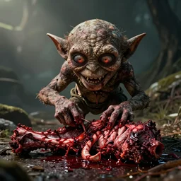 gollum eats a bloody carcass, blood, gut meat