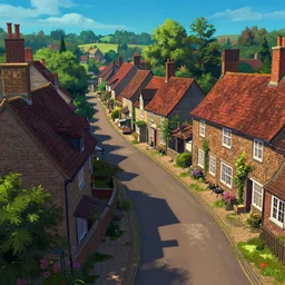 curved perspective digital art of a typical english village from midsummer murders from petros afshar, 1 5 ° camera angle, synthwave,