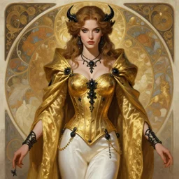 Portrait of a Holy Necromancer, female, beautiful, golden robes, white pants, exquisite black accessories, golden corset, highly detailed, face details, smooth, sharp focus, digital painting, illustration, fantasy, by Krenz Cushart and Artem Demura and alphonse mucha, artstation