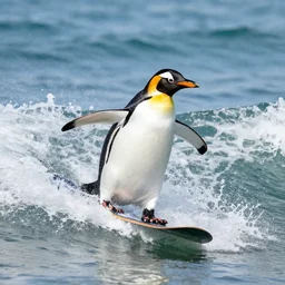 penguin surfing with snowboard