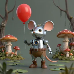 3 d render. adventurer ( ( ( ( ( 1 9 5 0 s retro future robot android mouse holding a red balloon. muted colors. spooky swamp mushrooms island, lillie pads ) ) ) ) ) by jean baptiste monge!!!!!!!!!!!!!!!!!!!!!!!!! chrome red