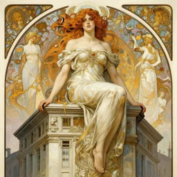 Giant woman sitting on building, masterpiece, elegant, intricate, highly detailed, digital painting, artstation, concept art, sharp focus, illustration, art by artgerm and greg rutkowski and alphonse mucha