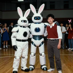 1990s candid photo of a middle school home coming dance portrait with robot warrior rabbits, cinematic, UHD