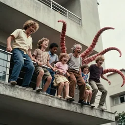 filmic extreme close up exterior shot movie still 4 k uhd 3 5 mm film color photograph of a family jumping off a building laughing with tentacle arms happy, only color results, in the style of the horror film the thing 1 9 8 2