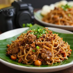 close - up focused dslr photograph of an indonesian dinner, 8 k, high detail, volumetric lighting, hyperrealism, aesthetically pleasing, studio lighting, trending