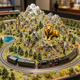extremely elaborate lionel train set, elaborate miniature mountain terrain, miniature lakes, trees, instagram