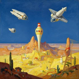 coruscant landscape in the style of dr. seuss, starships, painting by albert bierstadt