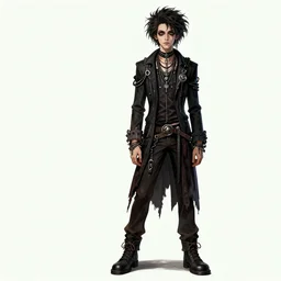 a nerdy goth guy with wild hair and eccentric jewelry by jamie hewlett :: full body character concept art, full body, detailed