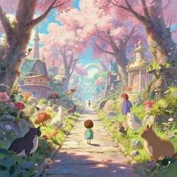 a dreamy otherworldly 3 d render of stone pathway through lively city full of animals, studio ghibli, pixar and disney exploded - view drawing, sharp, disney octane render splatter paint vray by shinji kimura and alphonse mucha and alena aenami, maximalist pastel color palette, ( ( bloom ) ), dramatic lighting