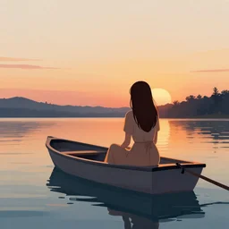 one women sitting in a boat on a lake, sunset, highly detailed 2 d illustration in matte colors
