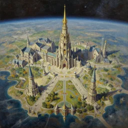 oil painting of a dalaran in space, aerial