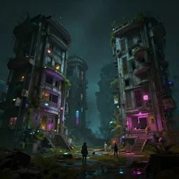 intrikate detailed photo environement cyberpunk abandoned houses : 4, 4 k rtx hdr volume light concept studio matte painting environement digital illustration style cyberpunk 2 0 7 7 artstation artur tarnowski, mihai muscan, marcin tomalak, marta leydy, marcin stepien, charlotte hughes, zuzanna dabrowa neon bioluminiscence