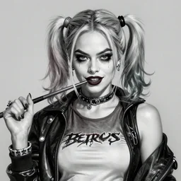 Margot Robbie as Harley Quinn as a vampire, highly detailed, digital painting, artstation, concept art, smooth, sharp focus, illustration, art by yoji shinakawa, black and white, red