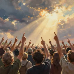 painting of a crowd with raised arms pointing towardб demonstration, cinematic view, epic sky, detailed, concept art, low angle, high detail, warm lighting, volumetric, godrays, vivid, beautiful, trending on artstation, by jordan grimmer, huge scene, art greg rutkowski