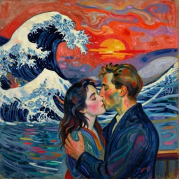 close portrait of man kissing woman in the water. tsunami great wave, red sun setting through the storm clouds. iridescent, vivid psychedelic colors. painting by munch, agnes pelton, egon schiele, henri de toulouse - lautrec, utamaro, monet