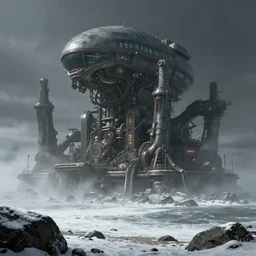 massive alien mechanical structure industrial building on a rocky snowy beach, horror vibes, matte painting, foggy, matte painting