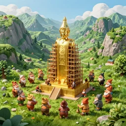 dwarves building a giant golden statue with scaffolding in the heart of green mountains,, hyperdetailed, artstation, cgsociety, 8 k
