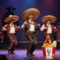 3 grandpas wearing mexican hats and twerking on a stage near the grim reaper, realistic faces, photorealistic! dream a living chicken animal in a kfc bucket, photorealistic, hyper detailed, 8 k resolution