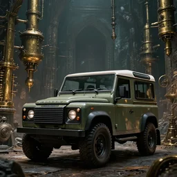 Land Rover Defender 110 (1985), an epic fantasy, dramatic lighting, cinematic, establishing shot, extremely high detail, photorealistic, cinematic lighting, artstation, by simon stalenhag, The Elder Scrolls V: Skyrim, Exploring ancient dwemer ruins, Brass and steam technology
