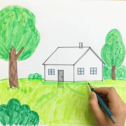 a landscape of a house half drawn by a kid