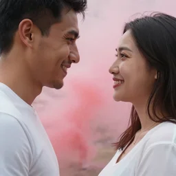 a close up of a smiling couple of parents to be, 9 / 1 1 with pink smoke in the background