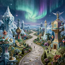 an epic elite masterpiece mysterious sci - fi matte painting of a winding path through arctic dream worlds with surreal structures inspired by heironymous bosch's garden of earthly delights, surreal ice landscapes by asher durand and cyril rolando and natalie shau and thomas kinkade, insanely detailed and intricate, elegant, northern lights, synthwave, ethereal aurora spirits