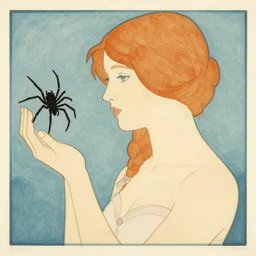 a girl with a spider, colored woodcut, flat pastel colors, by Mackintosh, art noveau, by Ernst Haeckel