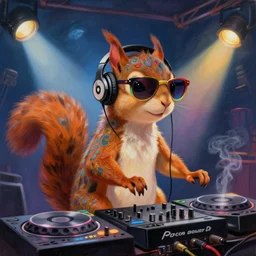 low angle photo of an anthropomorphic squirrel dj wearing colored sunglasses, stadning at a dj table playing techno music at a dance club, wearing beats by dr. dre headphones, intricate, smoke, colored spotlights, fantasy character art, concept art, oil painting, illustration, by jason felix, by greg rutkowski, charlie bowater, artgerm,