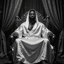 Large black man sitting on throne wrapped in silk, background made of large folding curtains, dark, hyper detailed, hyper realistic, 8K phot realistic, black and white color, dimly lit, dark,