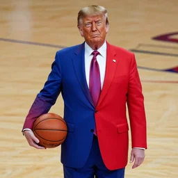 trump in a red white and blue suit holding a basketball