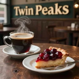detail, black coffee and a cherry pie in twin peaks cafe, artstation style, surrealist style, David Lynch style
