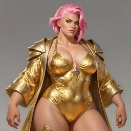painted realist portrait of thick rugged sensual zarya from overwatch wearing swimsuit gold paint by ruan jia greg rutkowski, [ short pink hair ] clear face majestic muscular physique beautiful powerful handsome robe fantasy intricate elegant detailed digital painting concept art artstation sharp focus illustration
