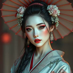 portrait of beautiful japan cyberpunk geisha, by artgerm, nick silva, ja mong, greg rutkowsky, digital, soft painting, photorealism, skin reflections