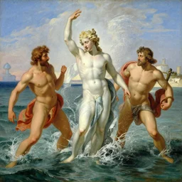 attractive god neptune splashing water on handsome god poseidon during low tide at the beach, painting by gaston bussiere, craig mullins, j. c. leyendecker,